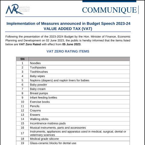 Document preview: Value Added Tax (VAT) : &nbsp;Implementation of Measures announced in Budget Speech 2023-24 (03.06.23) — Notice / Circular, Mauritius (CERFA n°CommuniqueVAT030623)