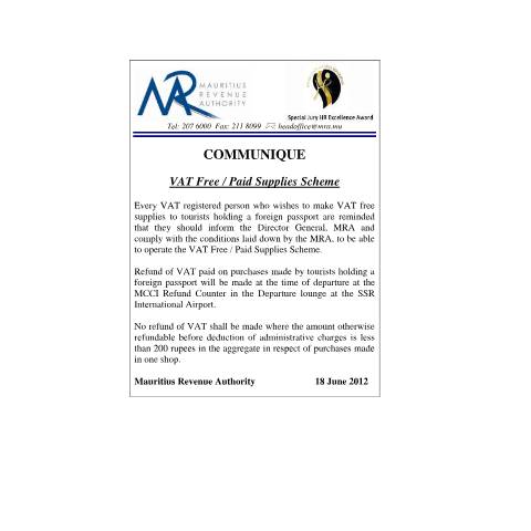 Document preview: VAT Free / Paid Supplies Scheme (18.06.2012) — Notice / Circular, Mauritius (CERFA n°CommuniqueVAT3Scheme)