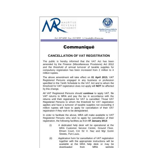 Document preview: Cancellation of VAT Registration (03.01.2013) — Notice / Circular, Mauritius (CERFA n°CommuniqueVATRegistrationCancellation)