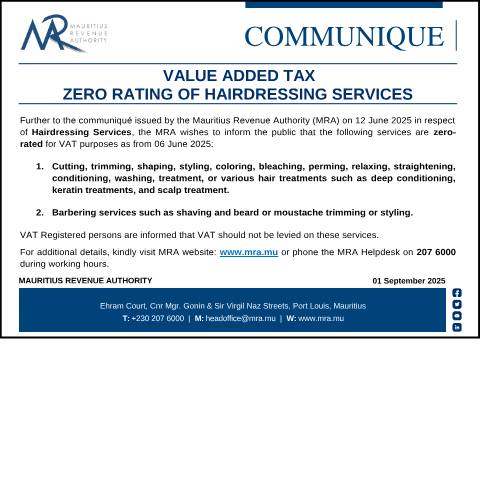 Document preview: Value Added Tax : Zero Rating of Hairdressing Services (01.09.25) — Notice / Circular, Mauritius (CERFA n°Communique010925)