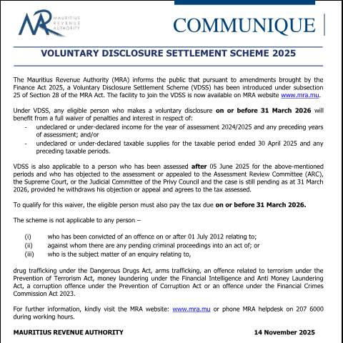 Document preview: Voluntary Disclosure Settlement Scheme 2025 (14.11.25) — Notice / Circular, Mauritius (CERFA n°CommuniqueVDSS2025)