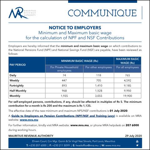 Document preview: Notice to Employers: Minimum and Maximum basic wage for the calculation of NPF and NSF Contributions (29.07.20) — Notice / Circular, Mauritius (CERFA n°CommuniqueNPFNSF290720)
