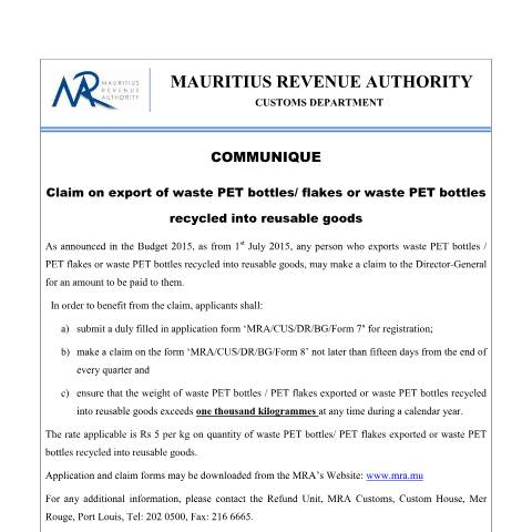 Document preview: Claim on export of waste PET bottles / flakes or waste PET bottles recycled into reusable goods (28.07.15) — Form, Mauritius (CERFA n°PET290715)