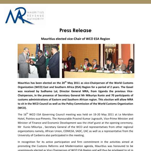 Document preview: WCO - Press Release (23.05.2011) — Document, Mauritius (CERFA n°PressReleaseWCO2011)
