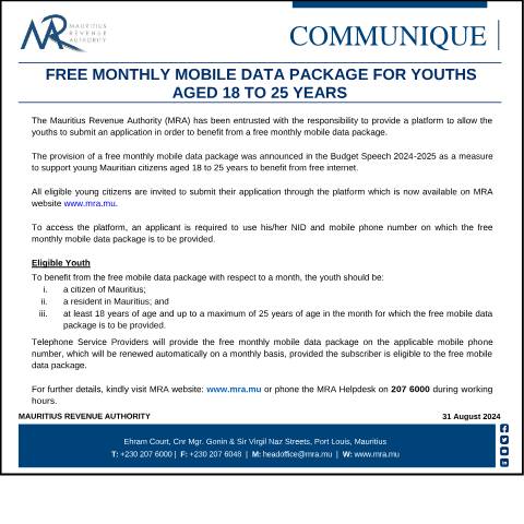 Document preview: Free Monthly Mobile Data Package for youths aged 18 to 25 Years (31.08.24) — Document, Mauritius (CERFA n°FreeDataPackage310824)