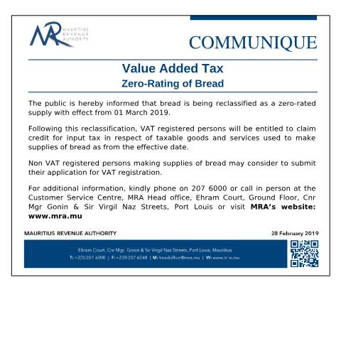 Document preview: VAT : Zero-Rating of Bread (28.02.19) — Document, Mauritius (CERFA n°ZeroRatingBread)