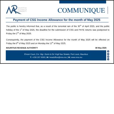 Document preview: Payment of CSG Income Allowance for the month of May 2025 (08.05.25) — Notice / Circular, Mauritius (CERFA n°Communique080525)
