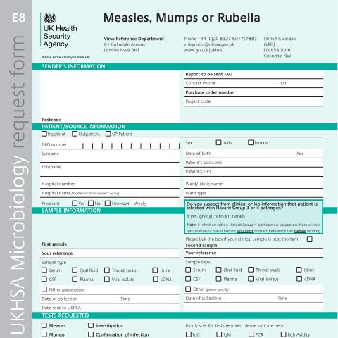 Document preview: Measles, mumps or rubella (MMR) referral form — UK Health Security Agency, United Kingdom
