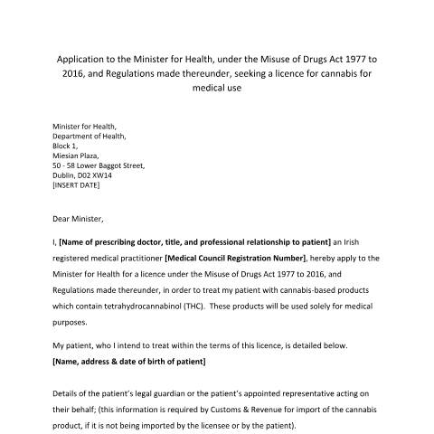 Document preview: Application to the Minister for Health seeking a licence for cannabis for medical use — Department of Health, Ireland