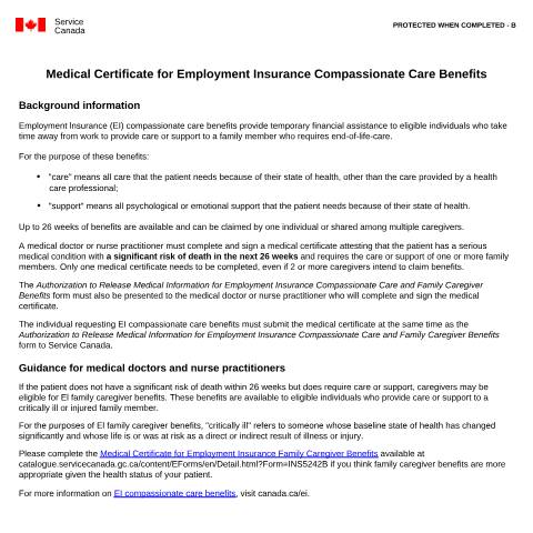 Document preview: Medical Certificate for Employment Insurance Compassionate Care Benefits — Employment Insurance, Canada (CERFA n°INS5216B)