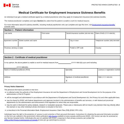 Document preview: Medical Certificate for Employment Insurance Sickness Benefits — Employment Insurance, Canada (CERFA n°INS5140)