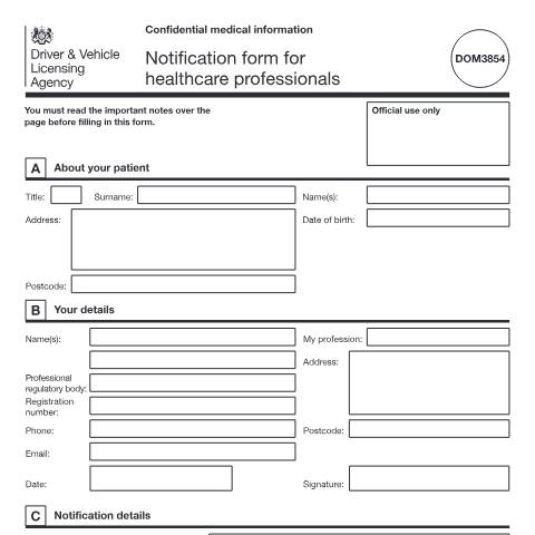 Document preview: Medical condition notification: assessing fitness to drive — Driver and Vehicle Licensing Agency, United Kingdom
