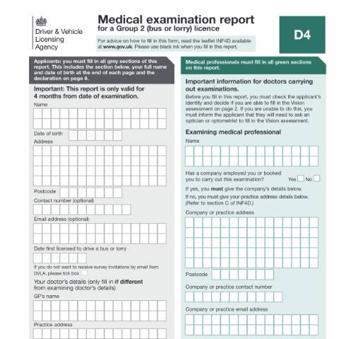 Document preview: Medical examination report for a lorry or bus driving licence (D4) — Driver and Vehicle Licensing Agency, United Kingdom