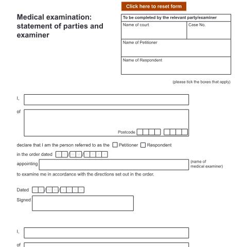 Document preview: Form D20: Medical examination statement of parties and examiner (applications issued before April 2022) — HM Courts & Tribunals Service, United Kingdom