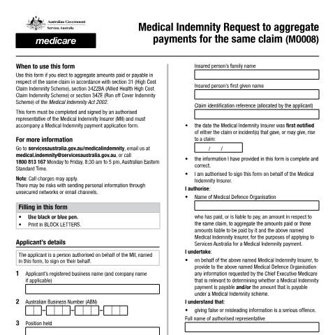 Document preview: Medical indemnity request to aggregate payments for the same claim form (MO008) — Services Australia — Health professionals, Australia (CERFA n°MO008)
