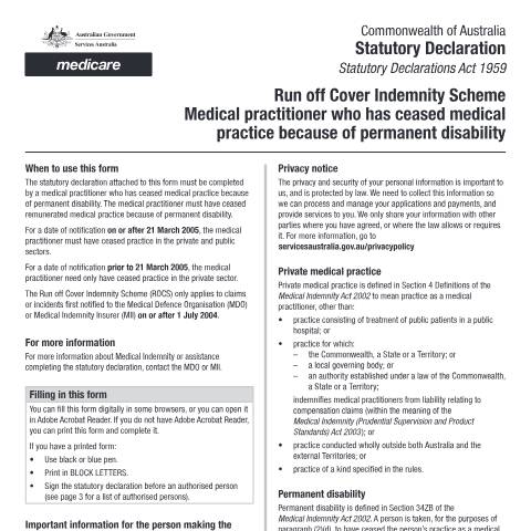 Document preview: Statutory declaration ROCS - Medical practitioner who has ceased medical practice because of permanent disability form (MO036) — Services Australia — Health professionals, Australia (CERFA n°MO036)