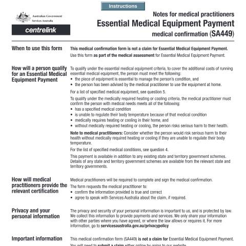 Document preview: Medical Practitioners - Essential Medical Equipment Payment (EMEP) - Medical confirmation — Services Australia — Individuals (by code), Australia (CERFA n°SA449)