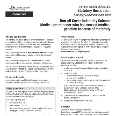 Document preview: Statutory declaration ROCS - Medical practitioner who has ceased medical practice because of maternity form (MO037) — Services Australia — Health professionals, Australia (CERFA n°MO037)
