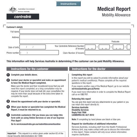 Document preview: Medical Report - Mobility Allowance — Services Australia — Individuals (by code), Australia (CERFA n°MA002)