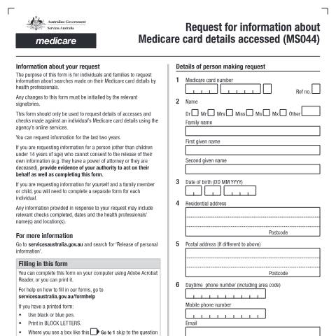 Document preview: Request for information about Medicare card details accessed — Services Australia — Individuals (by code), Australia (CERFA n°MS044)