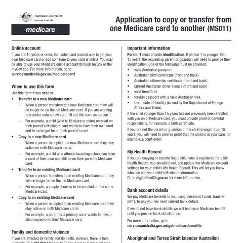 Document preview: Application to copy or transfer from one Medicare card to another — Services Australia — Individuals (by code), Australia (CERFA n°MS011)