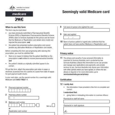 Document preview: Seemingly valid Medicare card form (PB136) — Services Australia — Health professionals, Australia (CERFA n°PB136)