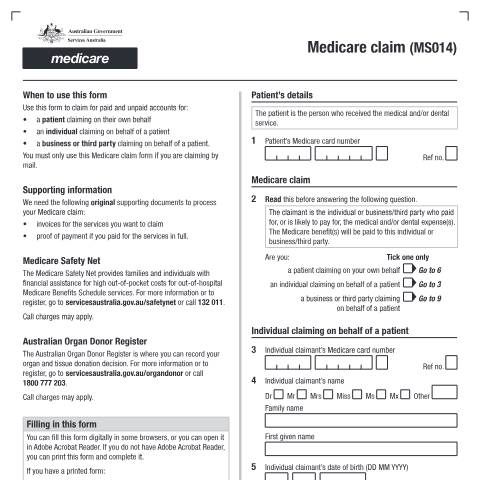 Document preview: Medicare Claim — Services Australia — Individuals (by code), Australia (CERFA n°MS014)
