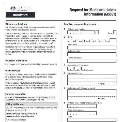 Document preview: Request for Medicare claims information — Services Australia — Individuals (by code), Australia (CERFA n°MS031)