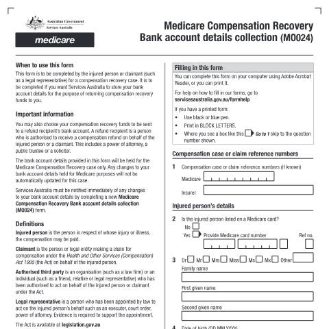 Document preview: Medicare Compensation Recovery Bank account details collection — Services Australia — Individuals (by code), Australia (CERFA n°MO024)