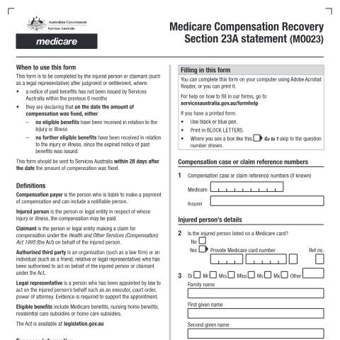Document preview: Medicare Compensation Recovery Section 23A statement — Services Australia — Individuals (by code), Australia (CERFA n°MO023)