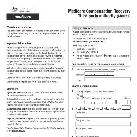 Document preview: Medicare Compensation Recovery Third party authority — Services Australia — Individuals (by code), Australia (CERFA n°MO021)