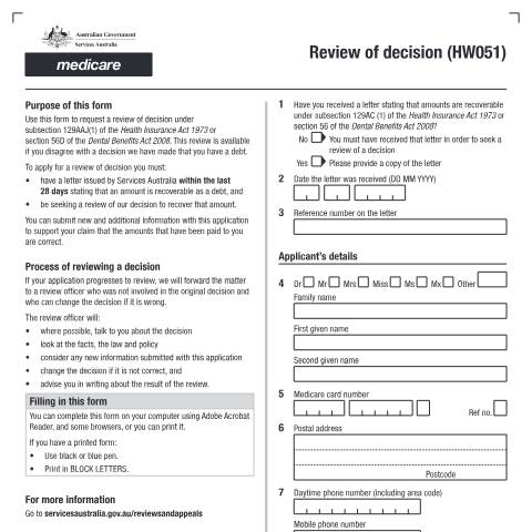 Document preview: Review of a Medicare Decision — Services Australia — Individuals (by code), Australia (CERFA n°HW051)