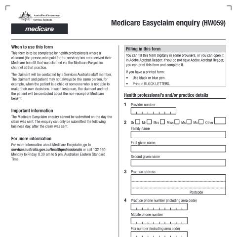 Document preview: Medicare Easyclaim enquiry form (HW059) — Services Australia — Health professionals, Australia (CERFA n°HW059)