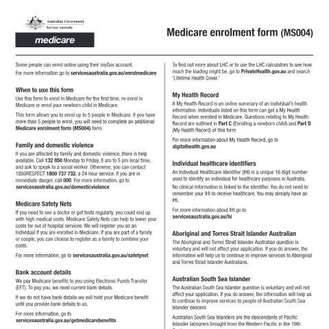 Document preview: Medicare enrolment — Services Australia — Individuals (by code), Australia (CERFA n°MS004)