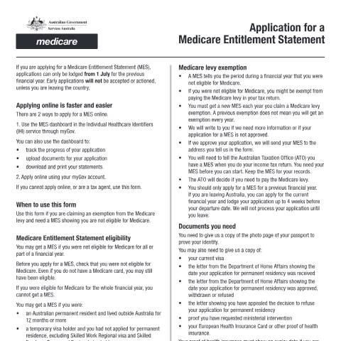 Document preview: Application for a Medicare Entitlement Statement — Services Australia — Individuals (by code), Australia (CERFA n°MS015)
