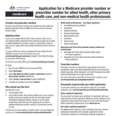 Document preview: Application for a Medicare provider number or prescriber number for allied health, other primary health care, and non-medical health professionals form (HW093) — Services Australia — Health professionals, Australia (CERFA n°HW093)