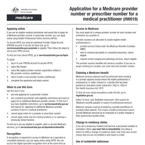 Document preview: Application for a Medicare provider number and/or prescriber number for a medical practitioner form (HW019) — Services Australia — Health professionals, Australia (CERFA n°HW019)