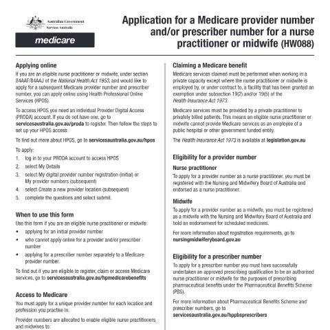 Document preview: Application for a Medicare provider number and/or prescriber number for a nurse practitioner or midwife form (HW088) — Services Australia — Health professionals, Australia (CERFA n°HW088)
