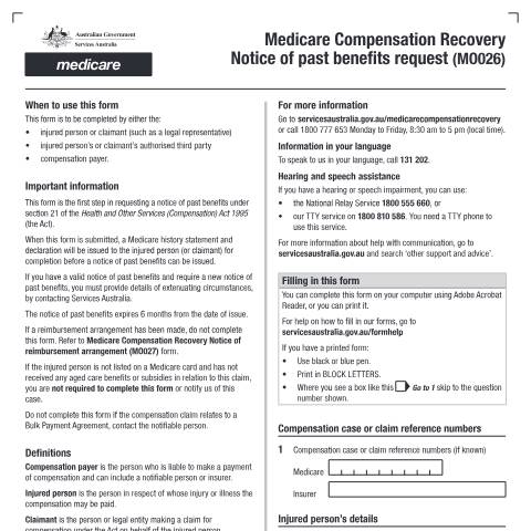 Document preview: Medicare Compensation Recovery Notice of past benefits request — Services Australia — Individuals (by code), Australia (CERFA n°MO026)