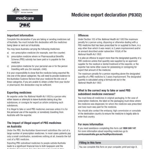 Document preview: Medicine export declaration form (PB302) — Services Australia — Health professionals, Australia (CERFA n°PB302)