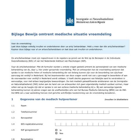 Documentvoorvertoning: Bijlage Bewijs omtrent medische situatie vreemdeling — IND — immigratie, Nederland (CERFA n°7115)