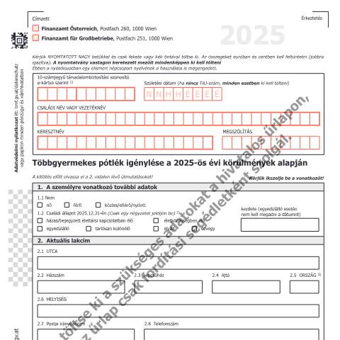 Dokumentvorschau: E4-HU — Többgyermekes pótlék igénylése a 2025-ös évi körülmények alapján — Steuern, Österreich (CERFA n°E4-HU)