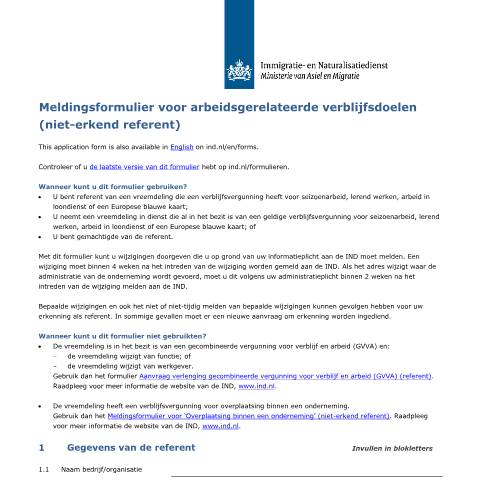Documentvoorvertoning: Meldingsformulier voor arbeidsgerelateerde verblijfsdoelen (niet-erkend referent) — IND — immigratie, Nederland (CERFA n°7094)