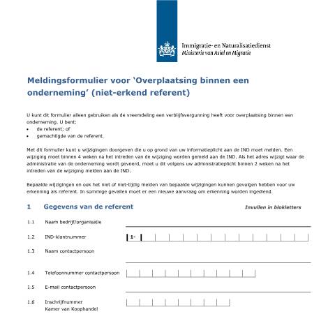 Documentvoorvertoning: Meldingsformulier voor 'Overplaatsing binnen een onderneming' (niet-erkend referent) — IND — immigratie, Nederland (CERFA n°7090)
