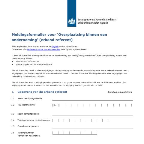 Documentvoorvertoning: Meldingsformulier voor 'Overplaatsing binnen een onderneming' (erkend referent) — IND — immigratie, Nederland (CERFA n°7089)