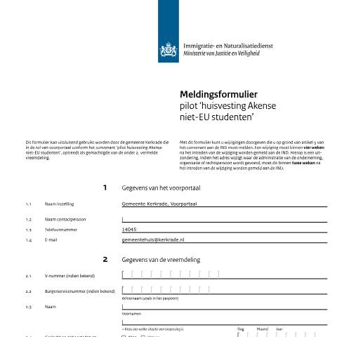 Documentvoorvertoning: Meldingsformulier pilot 'huisvesting Akense niet-EU studenten' — IND — immigratie, Nederland (CERFA n°7098)