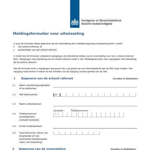 Documentvoorvertoning: Meldingsformulier voor uitwisseling — IND — immigratie, Nederland (CERFA n°7091)