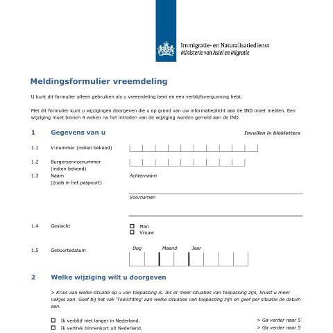 Documentvoorvertoning: Meldingsformulier vreemdeling — IND — immigratie, Nederland (CERFA n°7097)