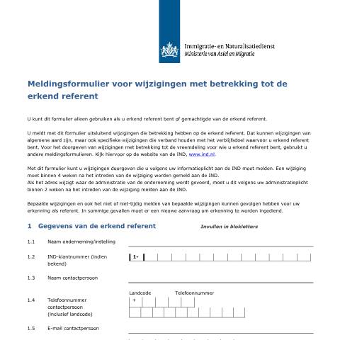 Documentvoorvertoning: Meldingsformulier voor wijzigingen met betrekking tot de erkend referent — IND — immigratie, Nederland (CERFA n°7088)