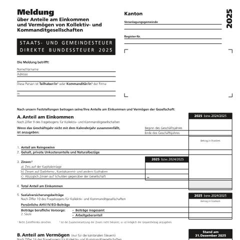Dokumentvorschau: 28 - Meldung über Anteile am Einkommen und Vermögen von Kollektiv- und Kommanditgesellschaften PDF 104.45 kB 6. August 2025 — Direkte Bundessteuer, Schweiz (CERFA n°28)